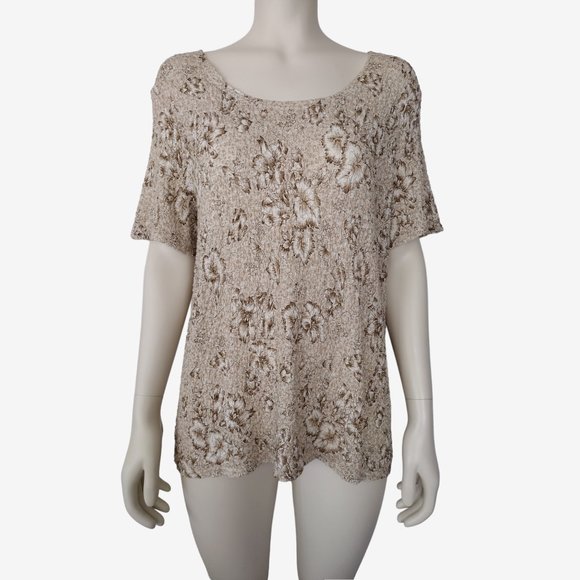 Worthington Tan Floral Popcorn Textured Stretch Short Sleeved Blouse 1X - Picture 1 of 9